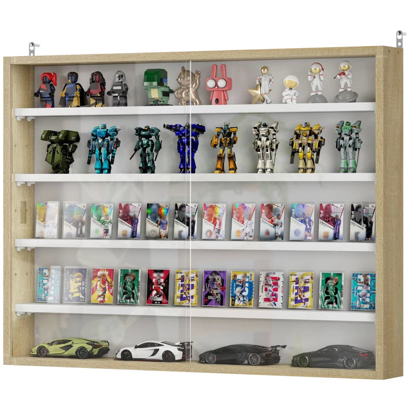 5-Tier Wall Display Shelf Unit with 4 Adjustable Shelves & Glass Doors - Natural Finish for Home & Office Decor 60x80cm