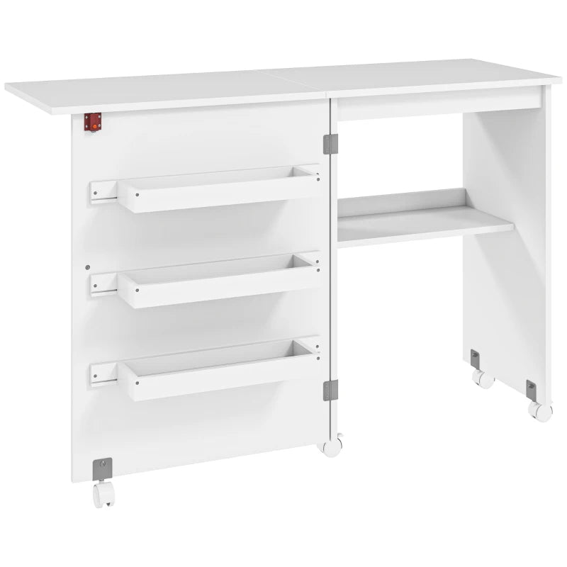 Folding Sewing Table with Drop Leaf & Storage Bins - Rolling Craft Table for Small Spaces, White Sewing Machine Cabinet