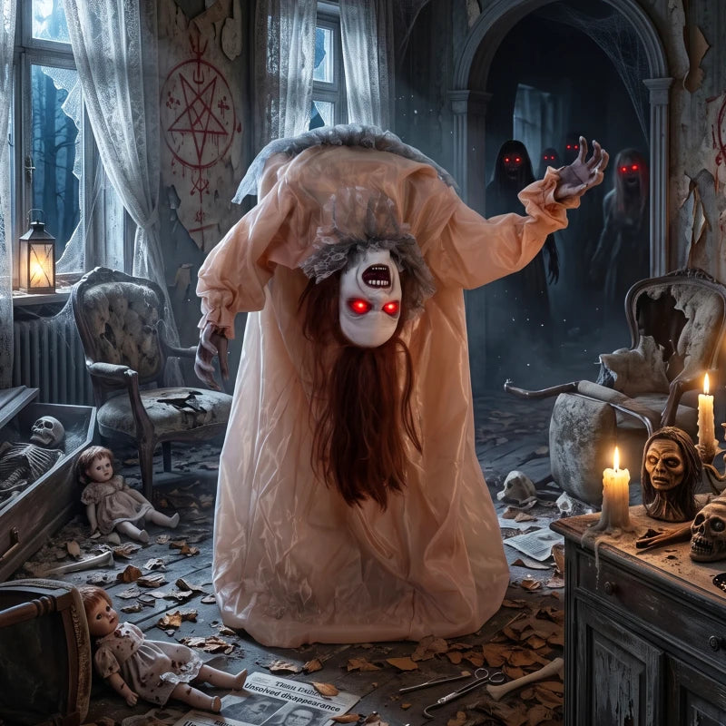 100cm Animated Broken-Back Halloween Ghost – Sound & Touch Activated with Glowing Red Eyes & Creepy Screams