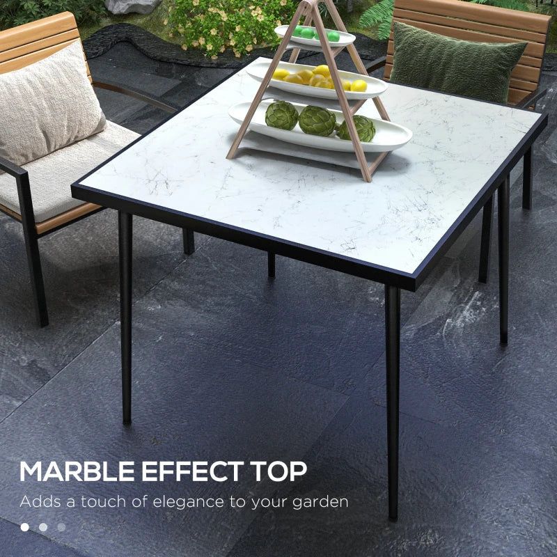White Square Outdoor Dining Table for 4 with Marble Glass Top