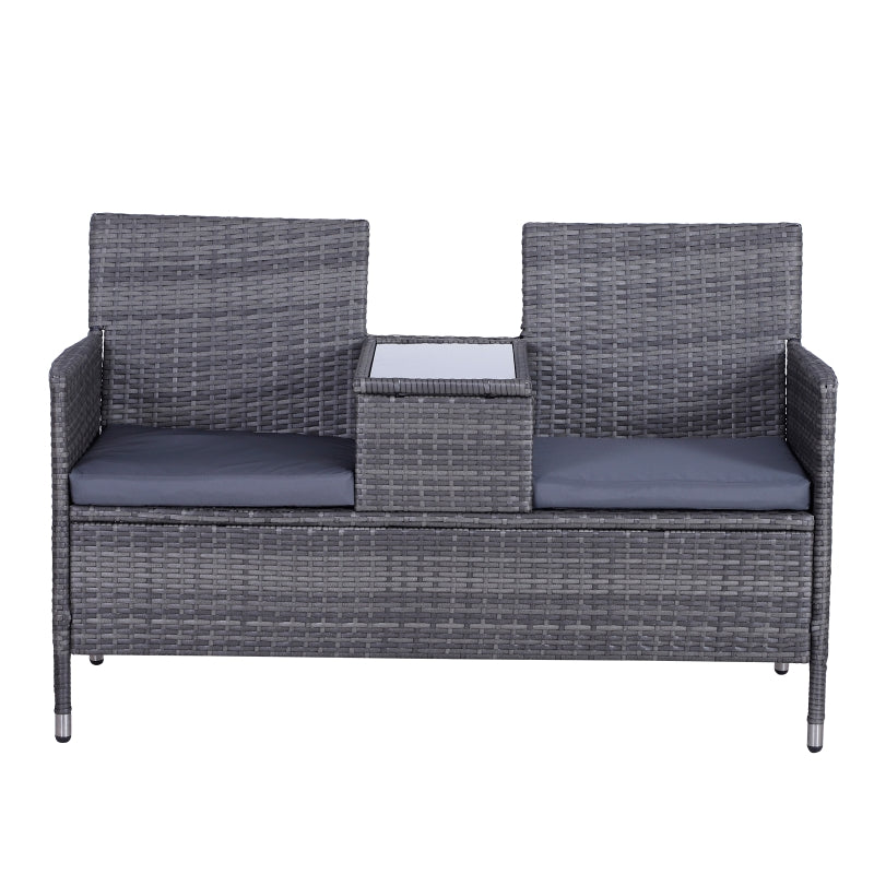 Grey Rattan 2-Seater Outdoor Garden Bench with Centre Table