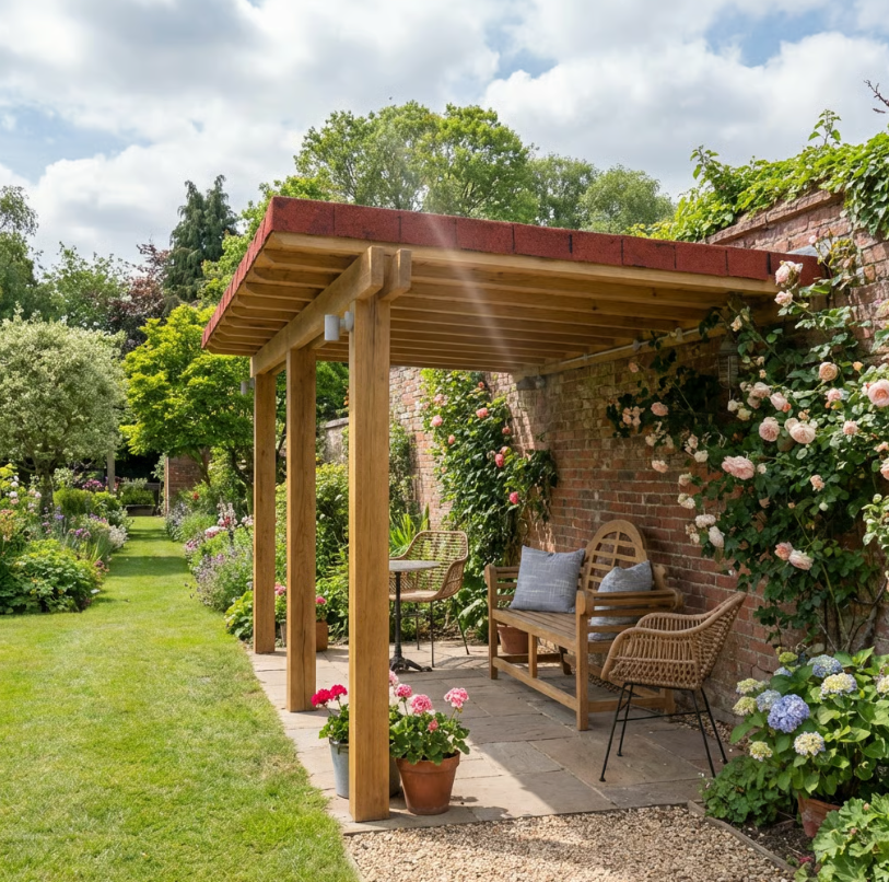 Oak Lean-To Gazebo with Katepal Red Shingle Roof