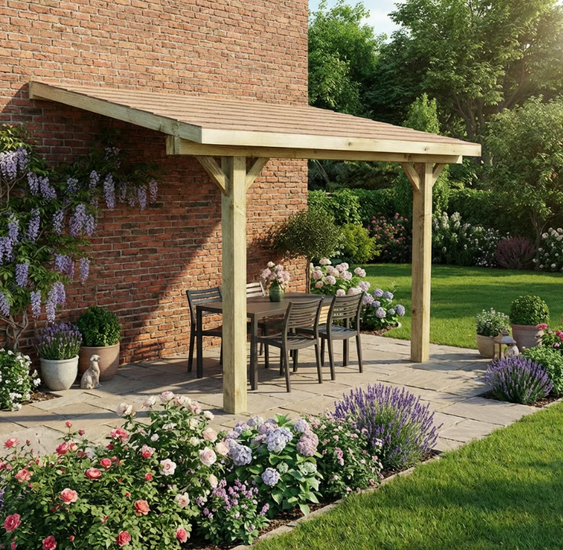 Wooden Lean-To Gazebo with Cedar Shingle Roof – Space-Saving Garden Shelter