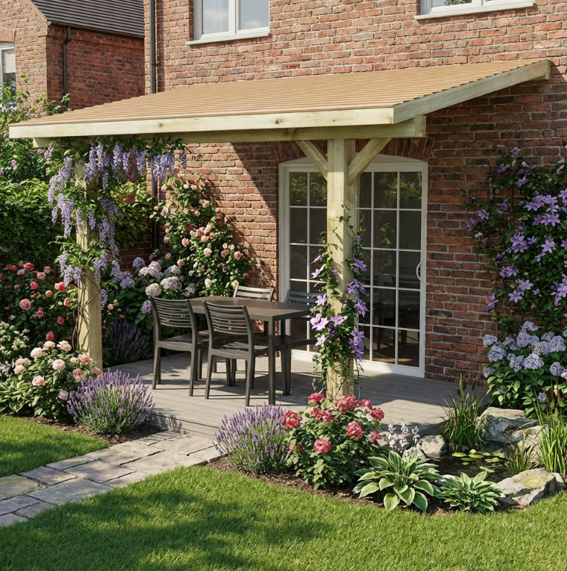Wooden Lean-To Gazebo with Cedar Featheredge Roof – Space-Saving Garden Shelter