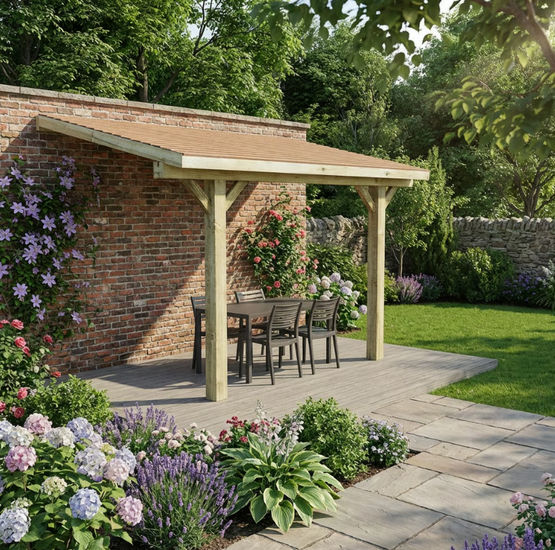 Wooden Lean-To Gazebo with Cedar Featheredge Roof – Space-Saving Garden Shelter