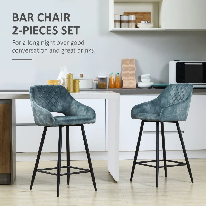 Set of 2 Velvet Bar Stools - Counter Height Kitchen Chairs with Steel Legs - Blue Fabric Dining Area Barstools