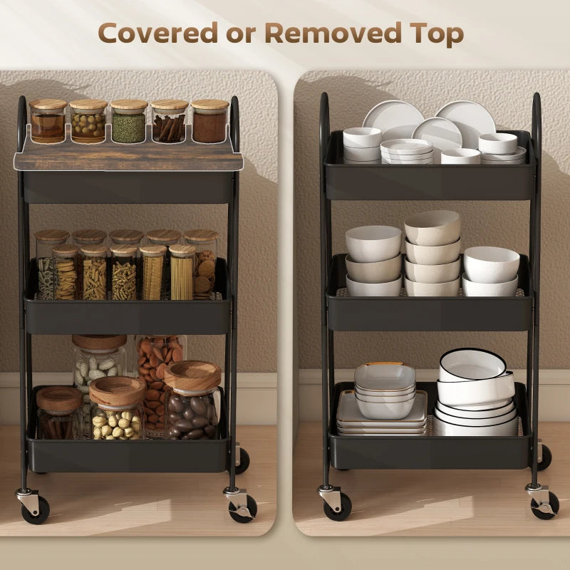 Rustic Brown & Black 3-Tier Kitchen Storage Trolley on Wheels with Cover Top Board - Stylish & Functional