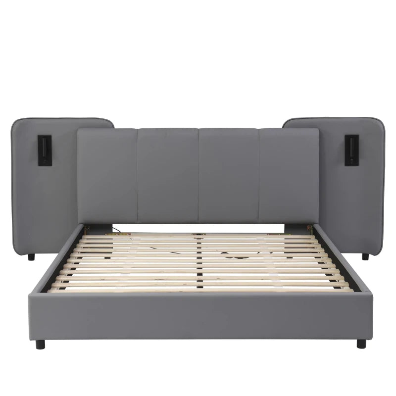 Upholstered Full-Size Double Bed with Charging Port & LED Lighting - Grey, Impact-Resistant Sponge Padding, 209L x 221W x 86.5H cm