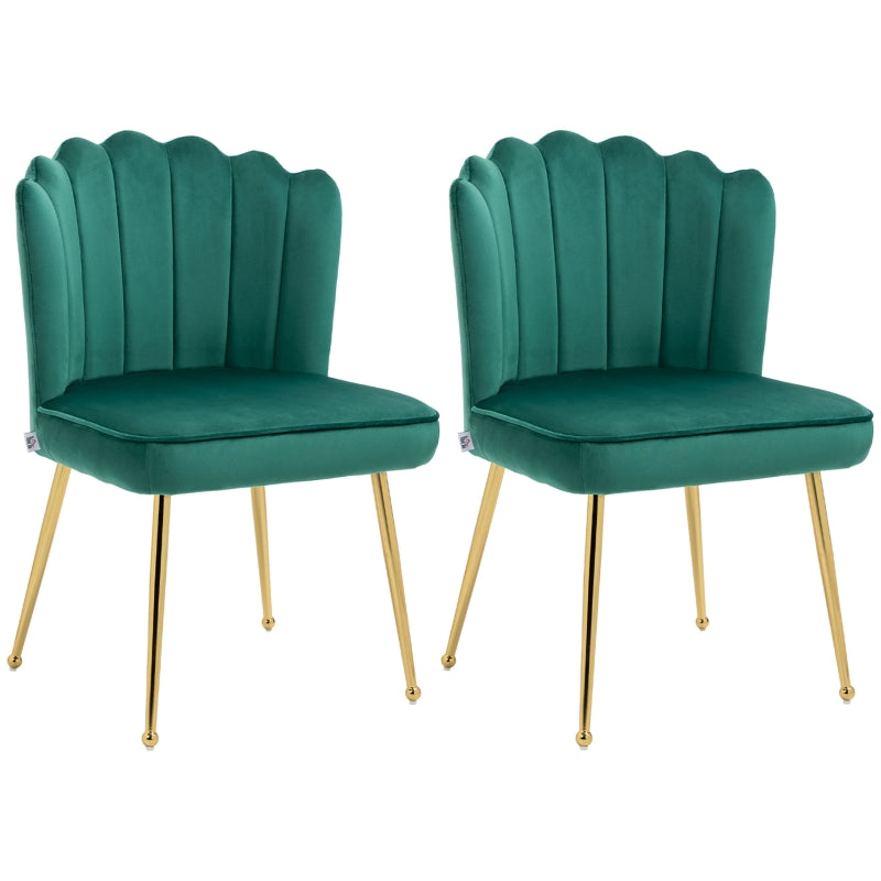 Set of 2 Velvet Upholstered Dining Chairs with Gold Metal Legs, Stylish Lounge Chairs for Kitchen and Living Room, Green