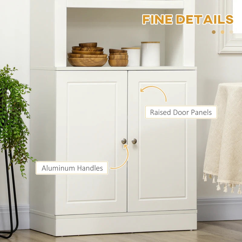 6-Tier Kitchen Cupboard - Freestanding Storage Cabinet with 3 Open Compartments & Double-Door Adjustable Shelves - White