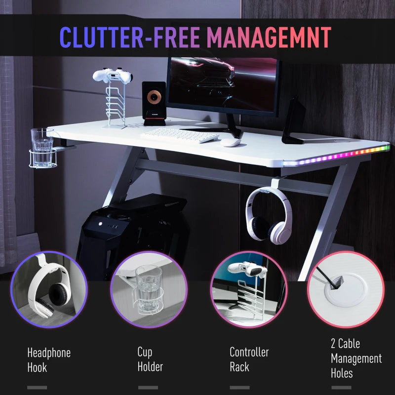 RGB Gaming Desk 120x66cm - Carbon Fibre Computer Table with Headphone Hook, Cup Holder & Controller Rack - White Home Office