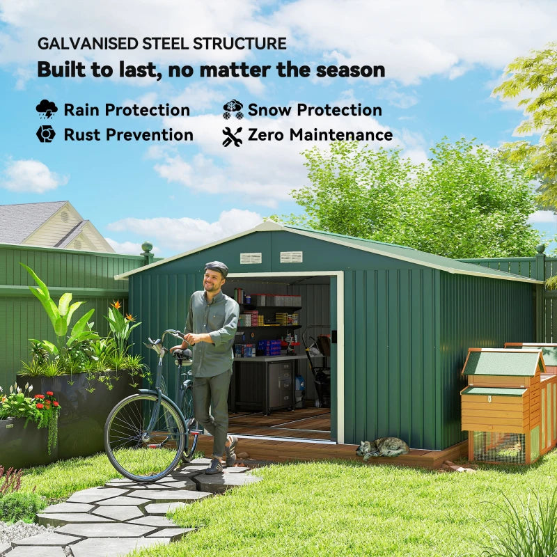 12.5ft x 11.1ft Large Green Metal Shed With Doors