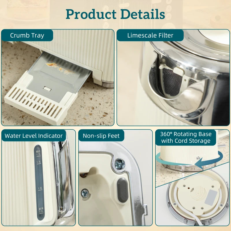 Electric Stainless Steel Kettle & Toaster Set - 3000W Fast Boil, 1.7L, UK Strix Thermostat, 4 Slice, Cream Finish