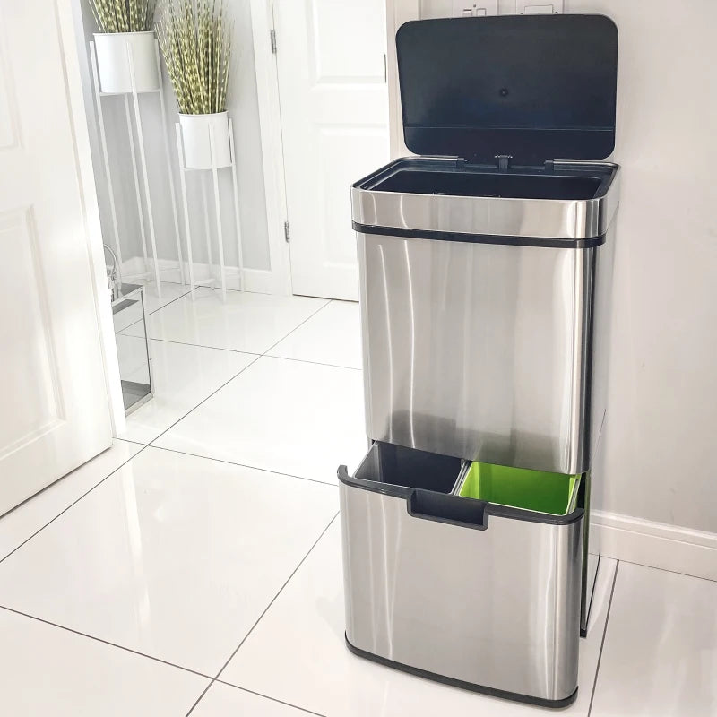 72L Stainless Steel Recycling Sensor Bin - 3 Compartments for Wet/Dry Waste, Removable Lid - Ideal Kitchen Home Solution