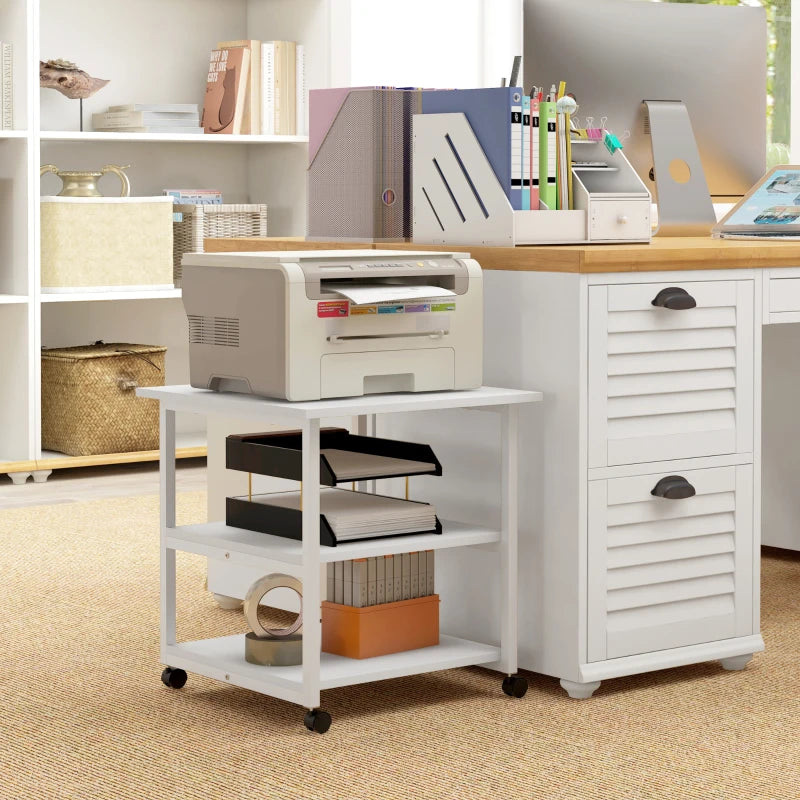 Three-Tier White Steel Printer Stand on Wheels - Mobile Storage Solution for Home Office & Workspace Organization
