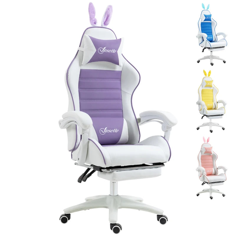 Vinsetto Purple Racing Gaming Chair - Reclining PU Leather with Removable Rabbit Ears, Footrest, Headrest & Lumbar Support