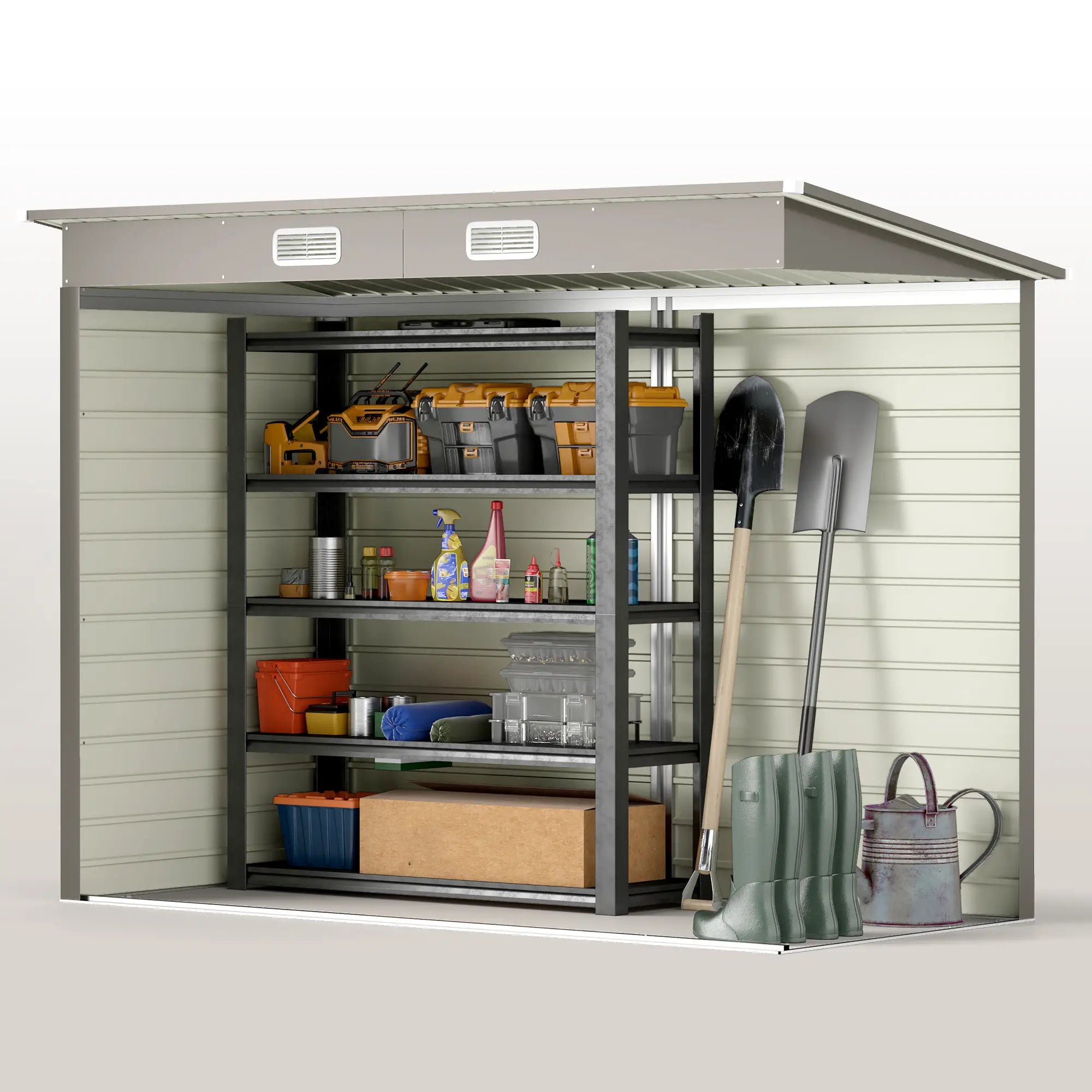 3.7ft x 7.9ft Light Grey Metal Shed With Latched Door, Gloves and Padlock