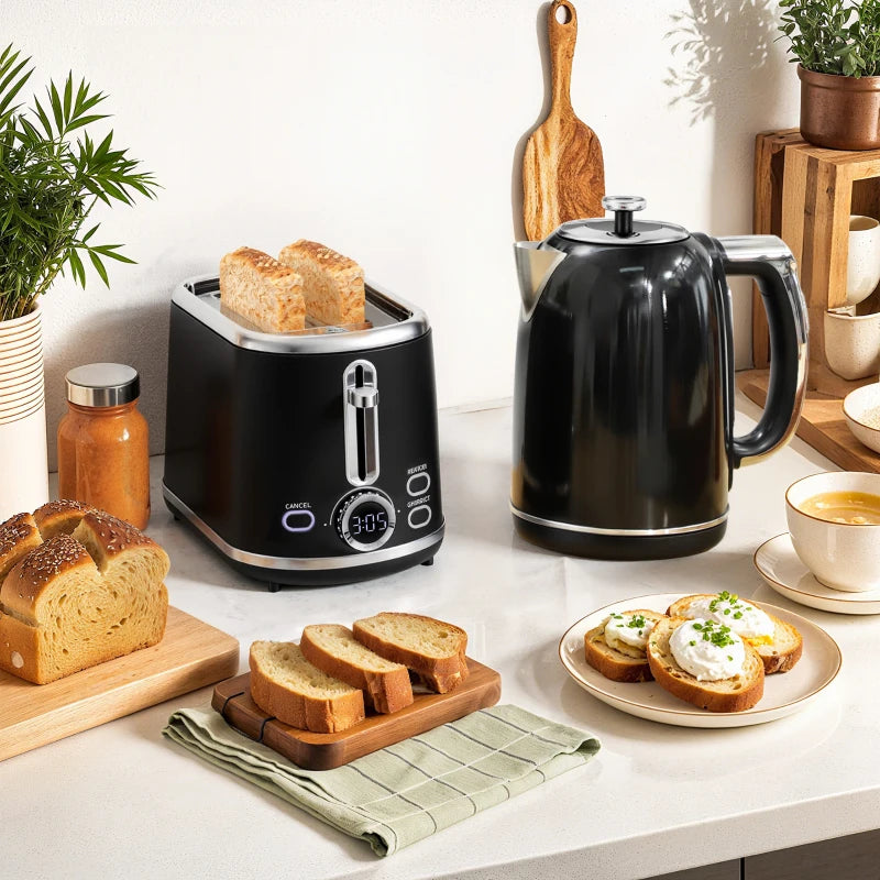 Polished Retro Black Kettle and Toaster Set - Stylish 40-100°C Temperature Control for Modern Kitchens