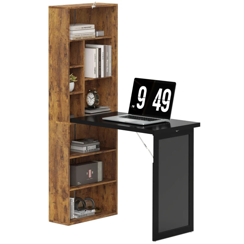 Rustic Brown Folding Desk with Blackboard - Multi-Function Computer Workstation & Side Shelf for Home Office