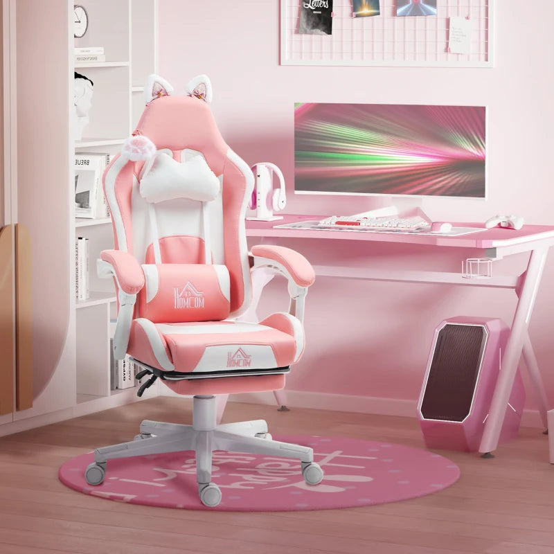 Cat Ear & Paw Reclining Office Chair with Footrest - Stylish Pink/White Design for Comfort & Fun