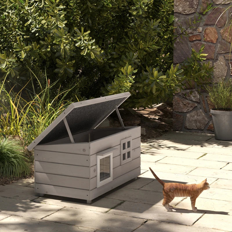 Wooden Elevated Outdoor Cat House with Openable Top Asphalt Roof and Window Grey