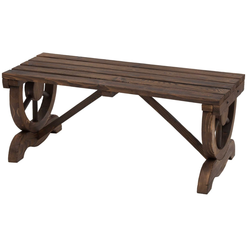 Rustic Brown Wooden Garden Bench with Wheel-Shaped Legs