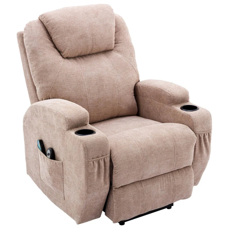 Electric Recliner Chair with Remote Control, Massage and Heating Features, Cup Holders and Side Pockets, Ideal for Seniors, Light Brown