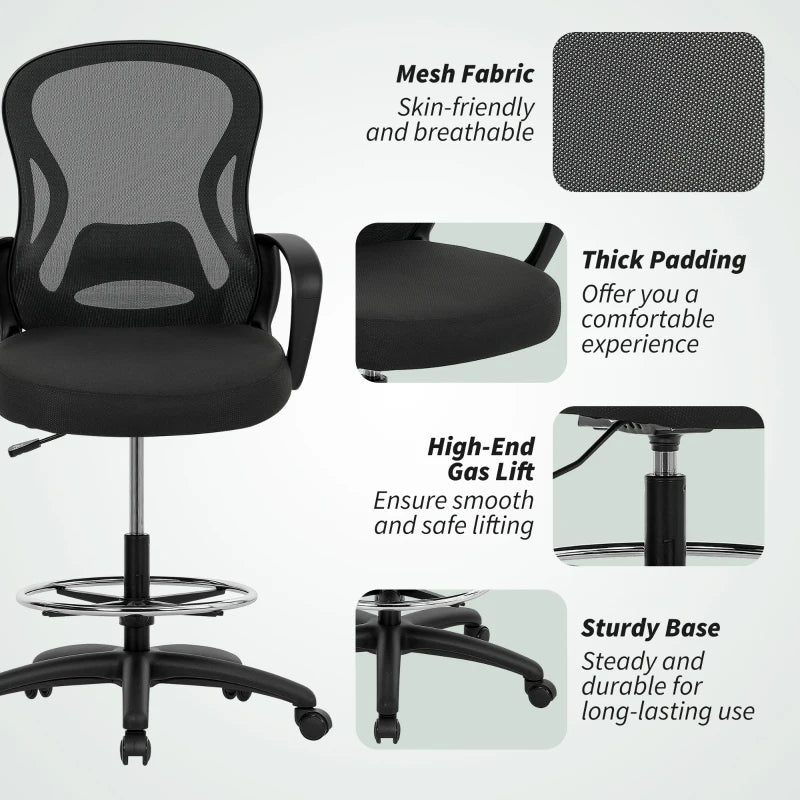 Vinsetto Ergonomic Drafting Chair with Adjustable Footrest & Lumbar Support - Mesh Office Chair for Standing Desks, Black