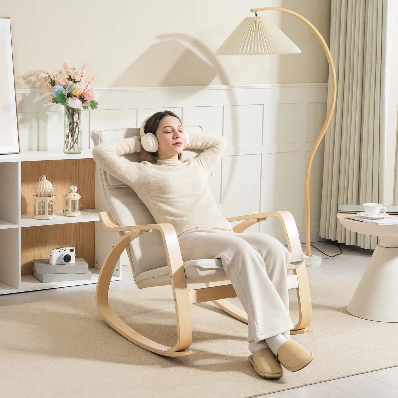 Comfortable Upholstered Rocking Chair with High Back and Headrest for Living Room and Bedroom in Cream White