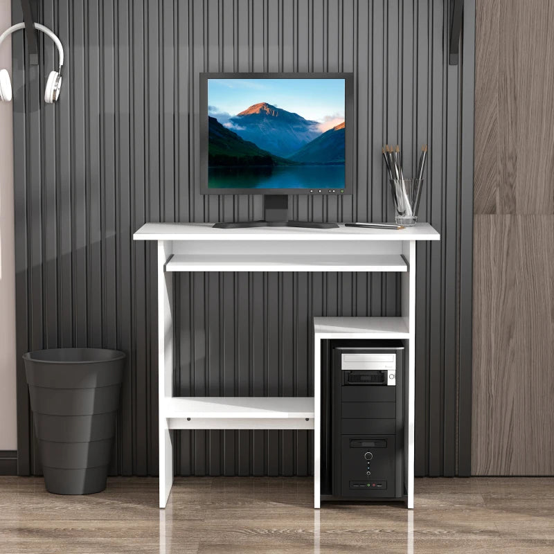 Compact Modern White Wooden Computer Desk with Keyboard Tray & Storage Shelf - Ideal Corner Table for Home Office