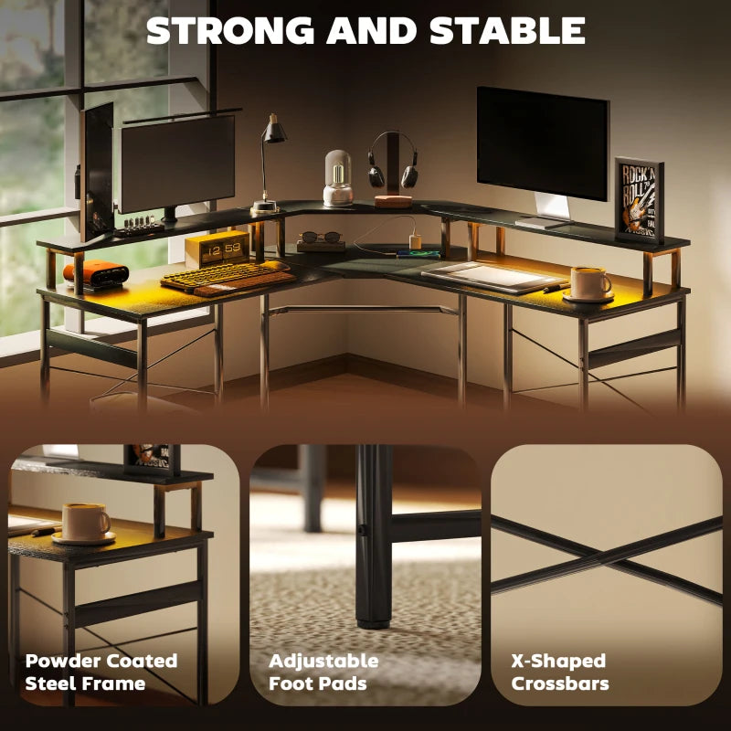 L-Shaped Black Work Desk with LED Lights - Modern Home Office Furniture for Efficient Workspace Organization