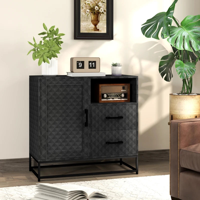 Modern Black Sideboard Storage Cabinet with Adjustable Shelf, Open Compartment & 2 Drawers - Stylish Freestanding Furniture