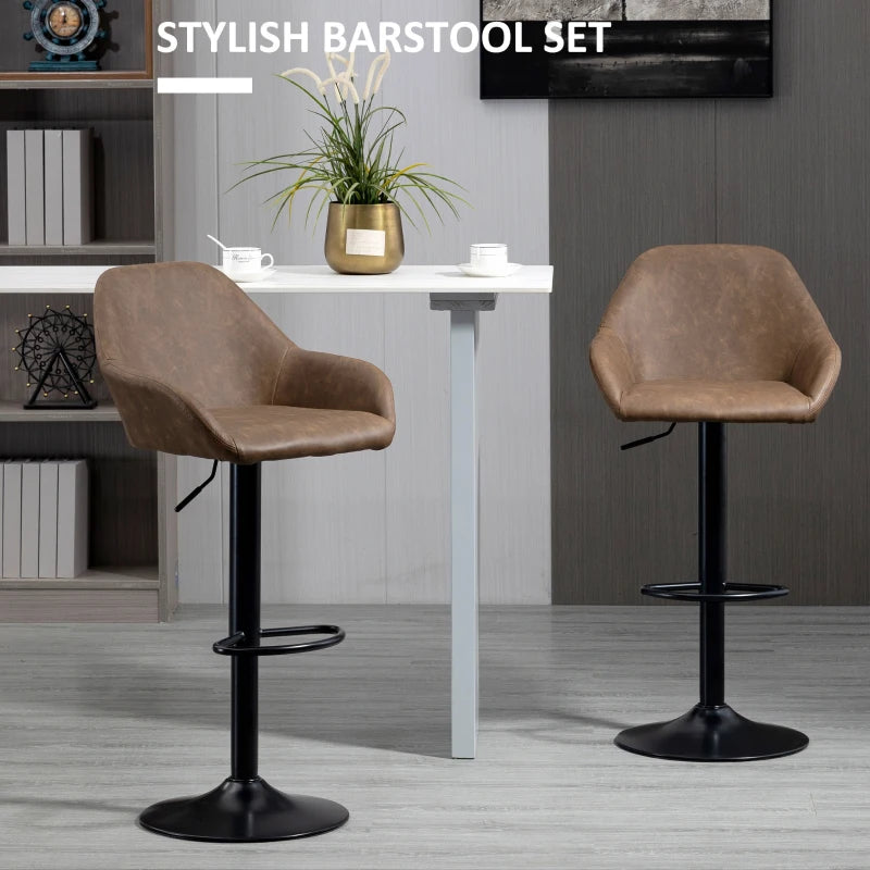 Set of 2 Height Adjustable Swivel Bar Stools with Backs, Armrests & Footrest - Dark Brown PU Leather Kitchen Seating