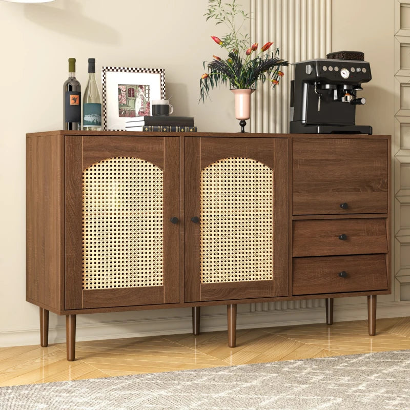Country-Style Rattan Door Sideboard with Adjustable Shelves - Natural Wood Cabinet for Living Room & Hallway, 130x40x75.5 cm