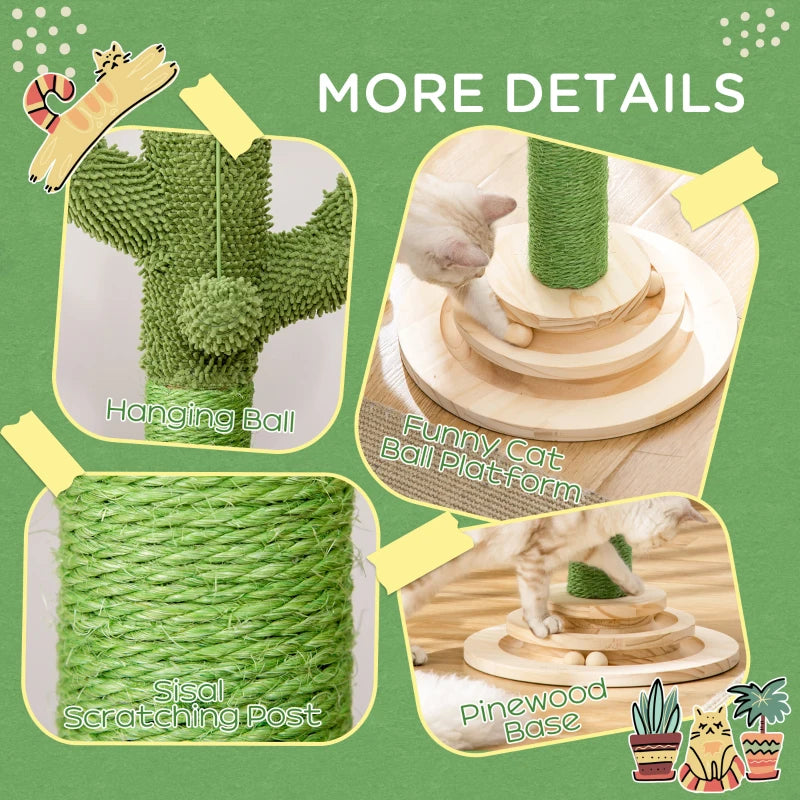 Cactus Cat Tree with Sisal Scratching Post & Hanging Ball - 60cm Indoor Play Tower for Kittens & Cats