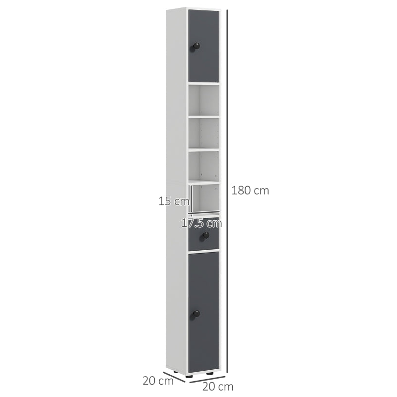 180cm Slim Bathroom Cabinet with Drawer Shelves and Cupboards in Grey