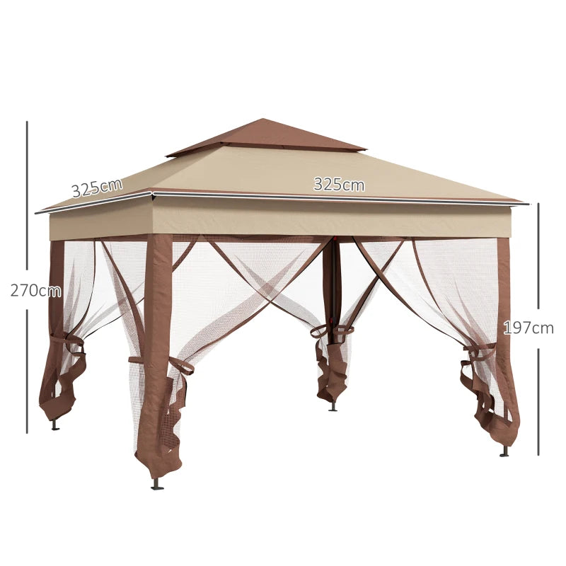 Khaki Double-Roof Pop Up Gazebo with Netting and Carry Bag