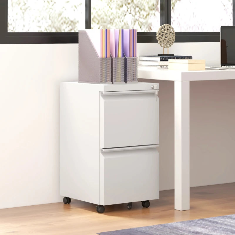 Vinsetto 2-Drawer Mobile Filing Cabinet - Lockable Steel File Storage for Letter, A4 & Legal Size - Pre-Assembled White