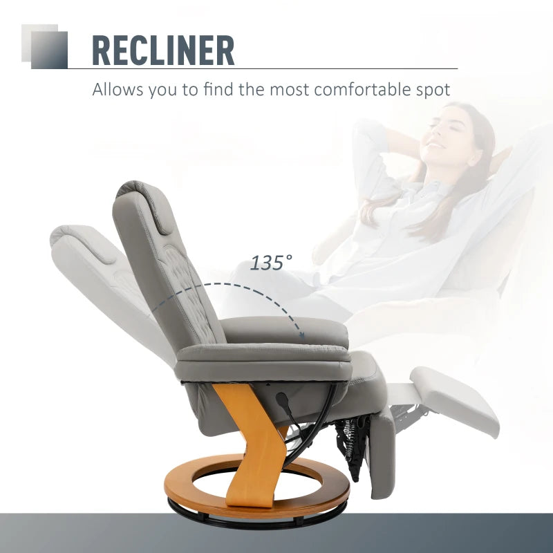 Comfortable PU Recliner Chair with Footrest and Headrest, Stylish Round Wooden Base for Living Room, Bedroom, or Office, Grey