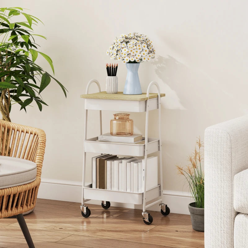 3-Tier Kitchen Storage Trolley on Wheels with Cover Top Board - Stylish White and Oak Design for Easy Organization