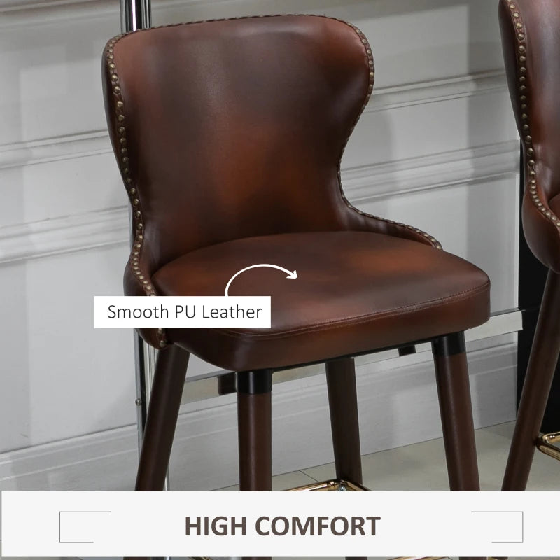 Set of 2 Brown PU Leather Bar Stools with Back and Footrest, Stylish Wood Legs for Kitchen and Breakfast Bar
