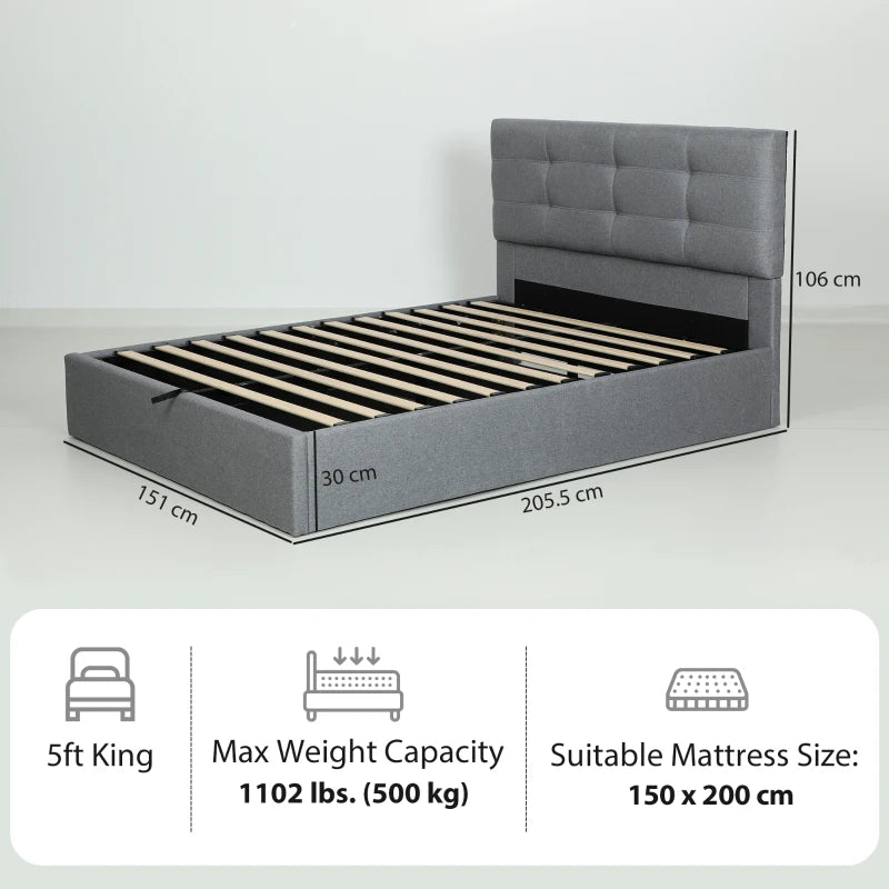 5ft King Grey Ottoman Bed with Gas Lift Storage - Stylish & Space-Saving Design for Modern Bedrooms