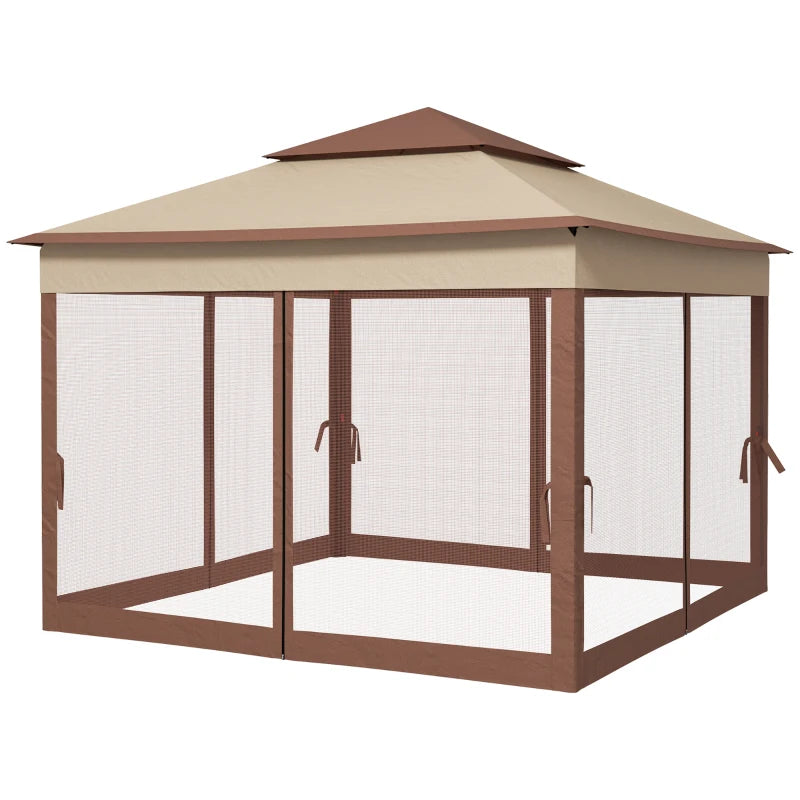 Khaki Double-Roof Pop Up Gazebo with Netting and Carry Bag