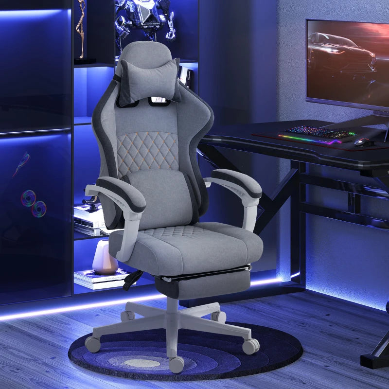 Ergonomic High Back Gaming Chair with Footrest - Velvet Recliner, Lumbar Support, Adjustable Height, 360° Swivel - Grey