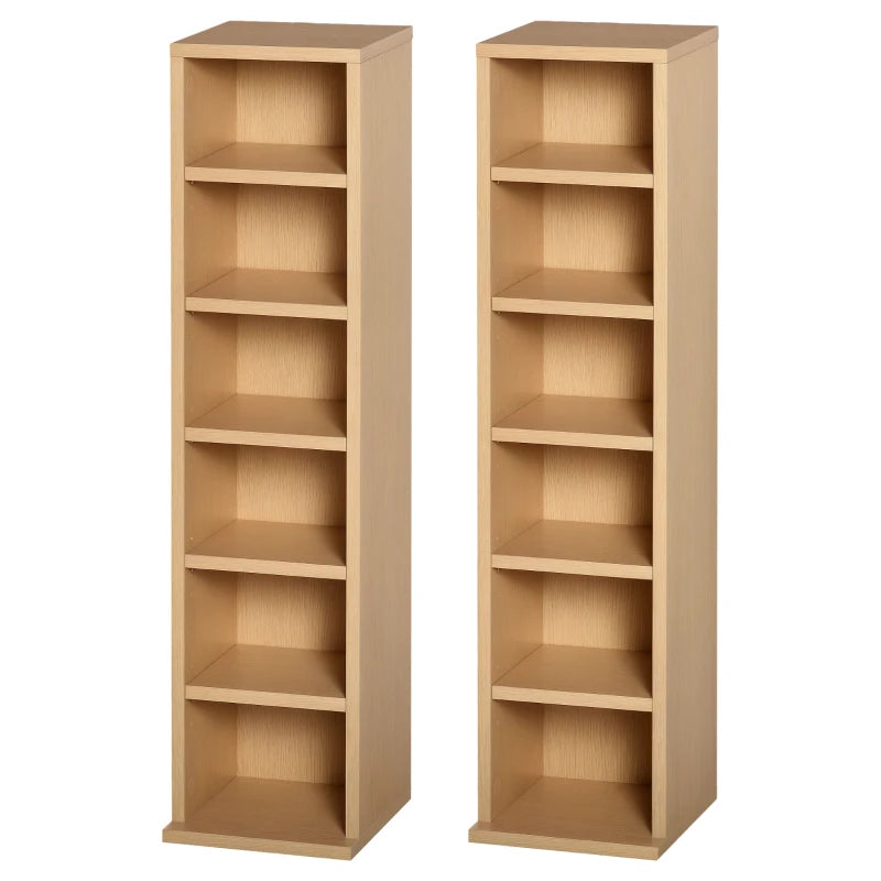 Set of 2 Blu-Ray Tower Rack - Adjustable CD Media Display Shelf Unit, Natural Wood Bookcase Storage Organizer