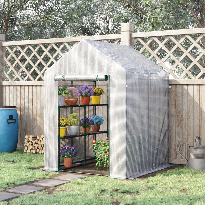 Portable Greenhouse with 2 Tier Shelf, Roll-Up Door, PE Cover - Green, 143x143x195cm