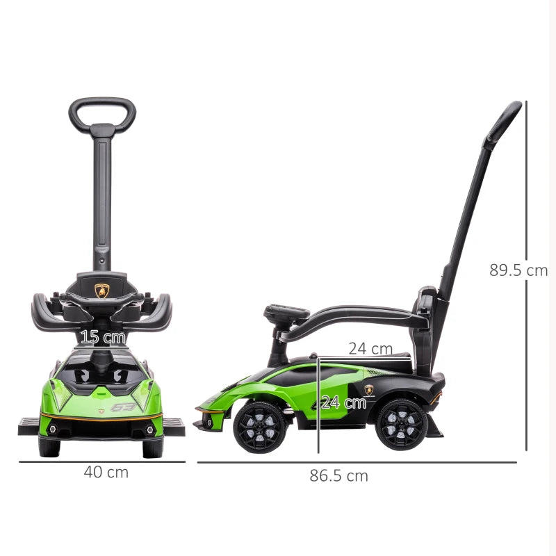 Kids 2-in-1 Lamborghini Ride-On Stroller with Horn - Green, Fun and Safe Outdoor Toy for Toddlers