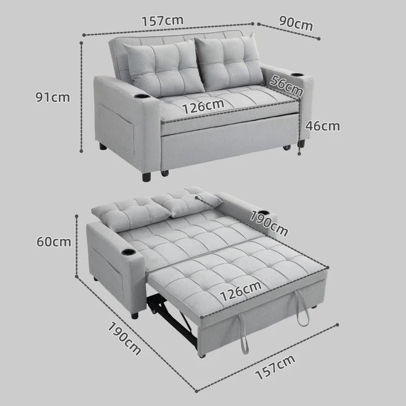 Light Grey Two-Seater Pull-Out Sofa Bed for Compact Living Spaces