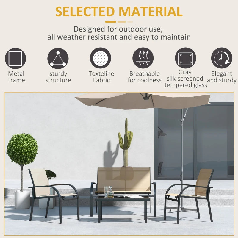 Four-Piece Curved Steel Garden Dining Set in Beige and Grey for Outdoor Relaxation