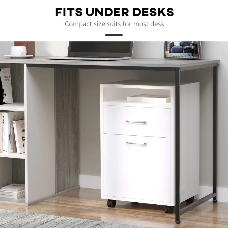 60cm Mobile Filing Cabinet with Drawer & Open Shelf, 4 Wheels, Metal Handles - White Office Home Organizer for Printers